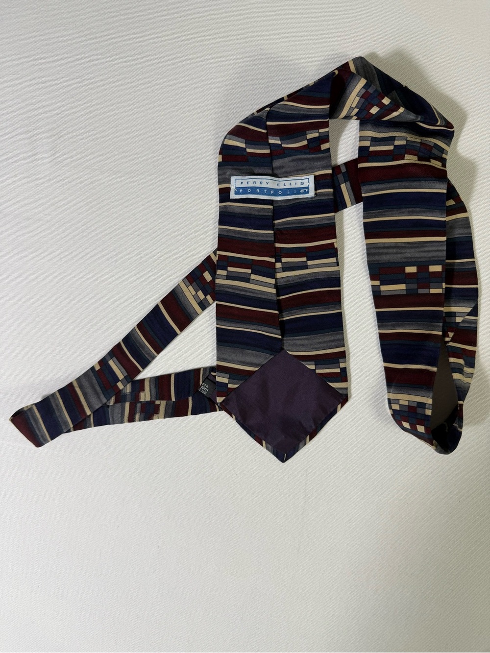 Perry Ellis Striped Silk Tie in Navy, Burgundy, Gray and Cream